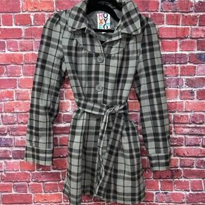 Roxy Plaid Belted Trench‎ Coat Jacket Womens S Grey Pink Button Up Collar